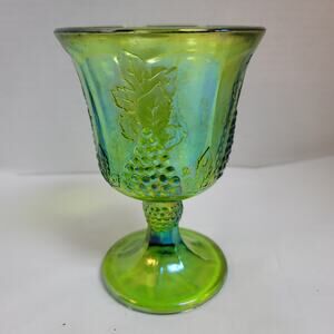Vtg Indiana Green Iridescent Carnival Glass Harvest Leaf Grape Embossed Goblet